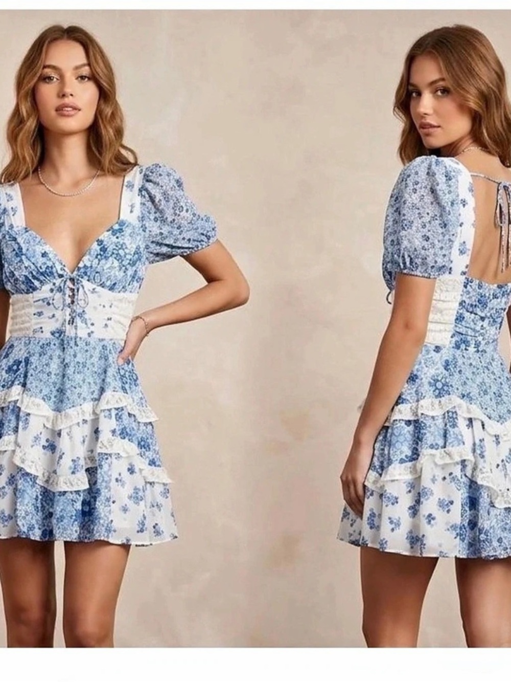 For Love & Lemons Audrey Floral Mini Dress Blue & White